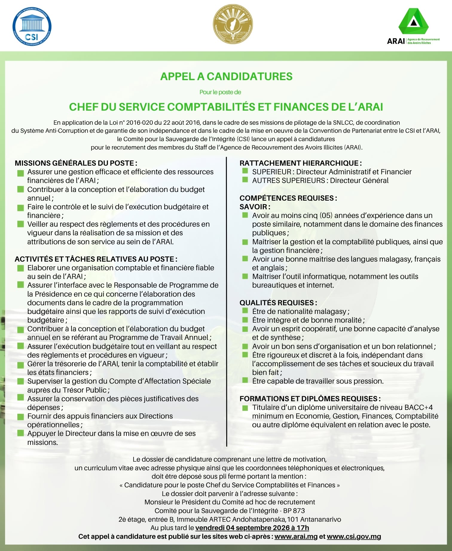 CHEE DU SERVICE COMPTABILITES ET FINANCES