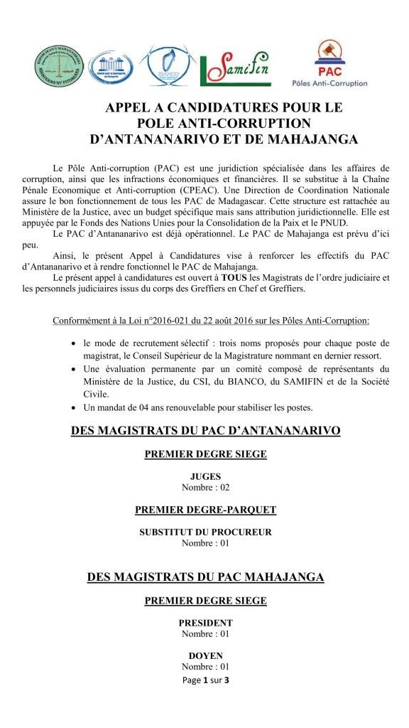 Page 1 de l'appel à candidatures pour le Pôle anti-corruption d'Antananarivo et de Mahajanga. Il est souligné que les Magistrats...