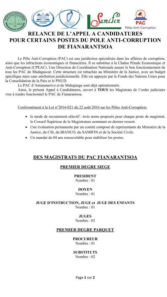 Appel à candidatures pour certains postes du PAC Fianarantsoa page 1