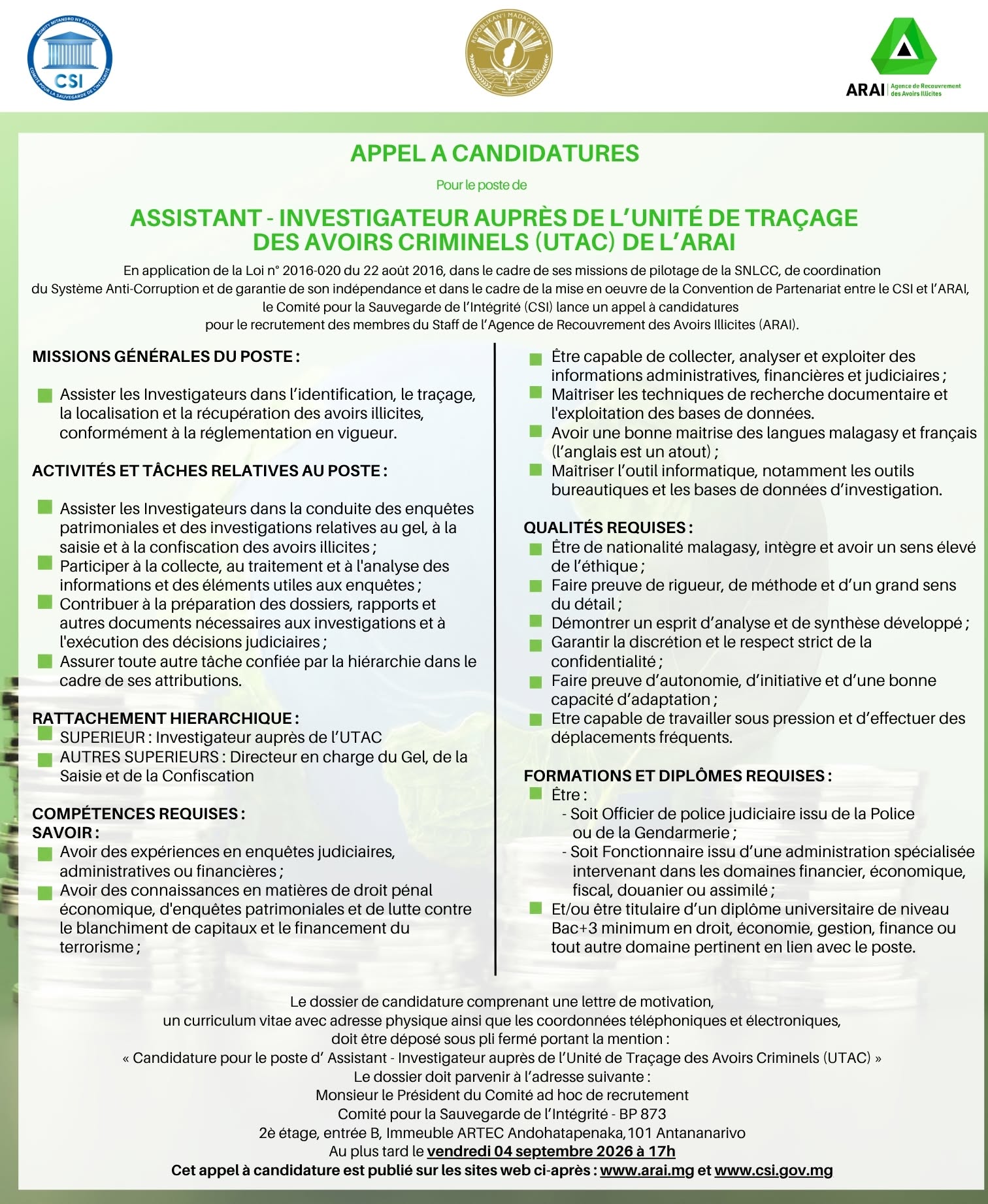 ASSISTANT INVESTIGATEUR AUPRES DE L'UNITE DE TRACAGE DES AVOIRS CRIMINELS