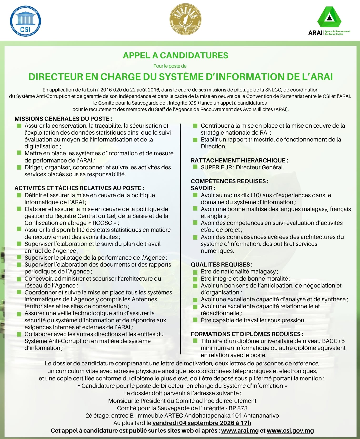 DIRECTEUR EN CHARGE DU SYSTEME D'INFORMATION