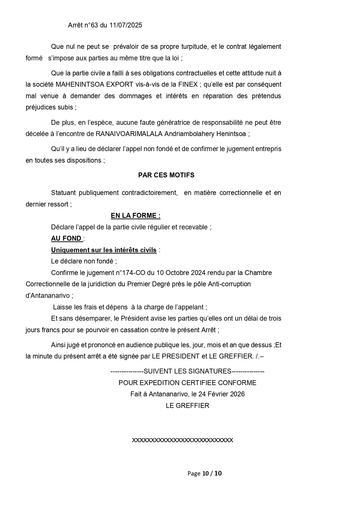 ARRET N°63 DU 11 JUILLET 2025