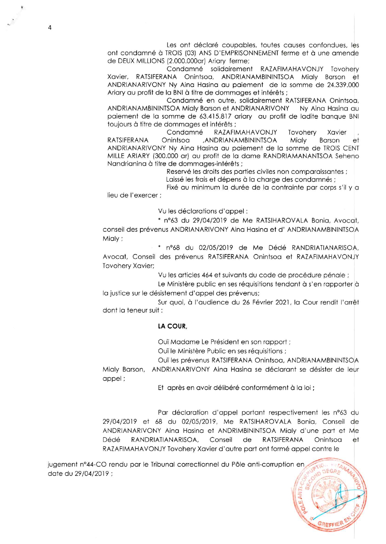 ARRET N°25 COR-V PAC TANA du 26 Fevrier 2021
