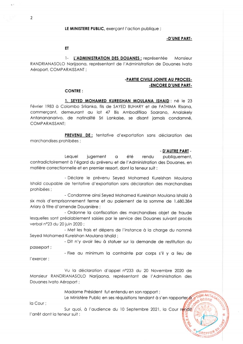 ARRET N°71 DU 10 SEPTEMBRE 2021