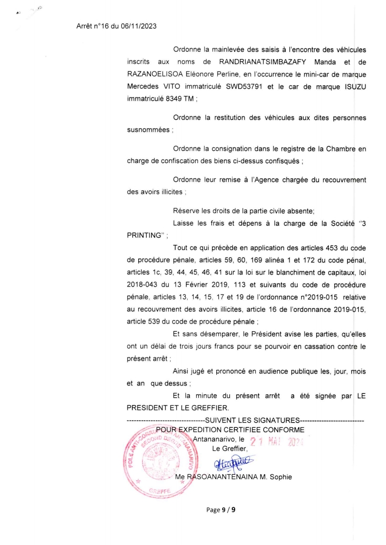 CSCA ARRET N° 16 DU 06 NOVEMBRE 2023