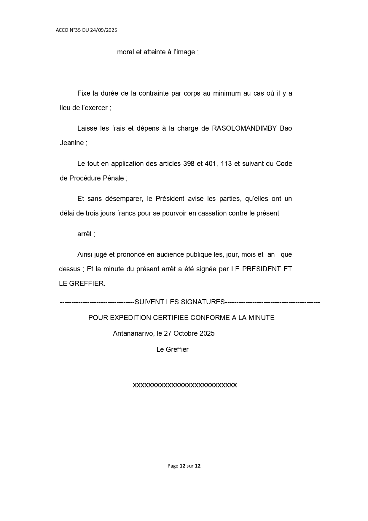 ARRET N° 35 DU 24 SEPTEMBRE 2025