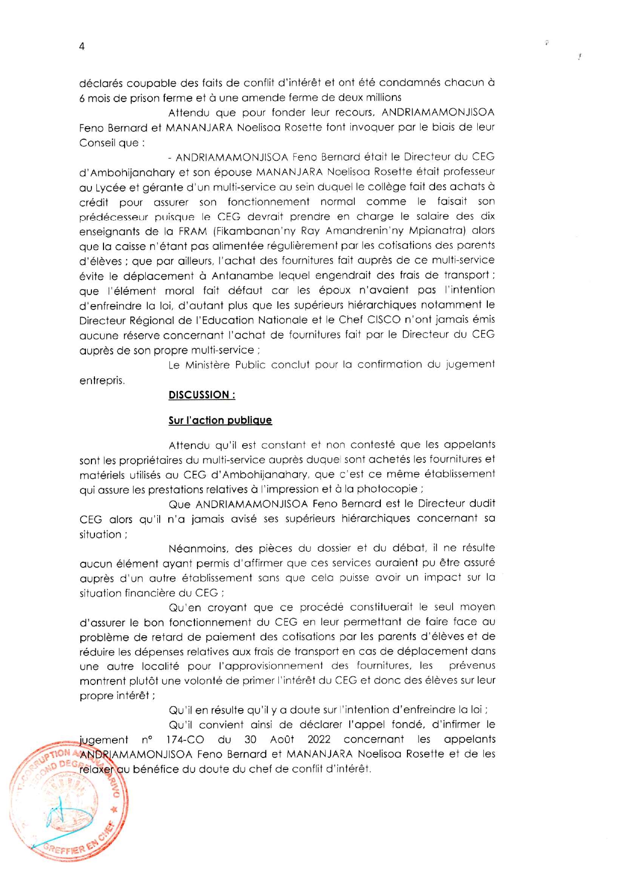 ARRET N°20 DU 07 Avril 2023