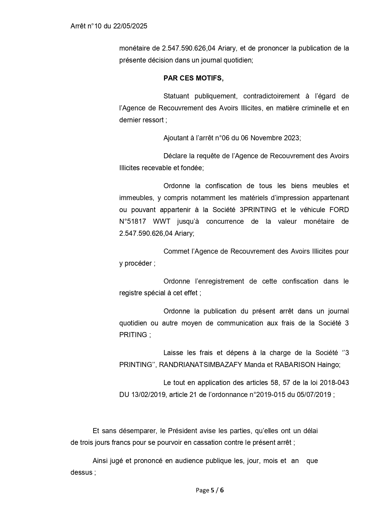 ARRET N° 10 DU 22 MAI 2025