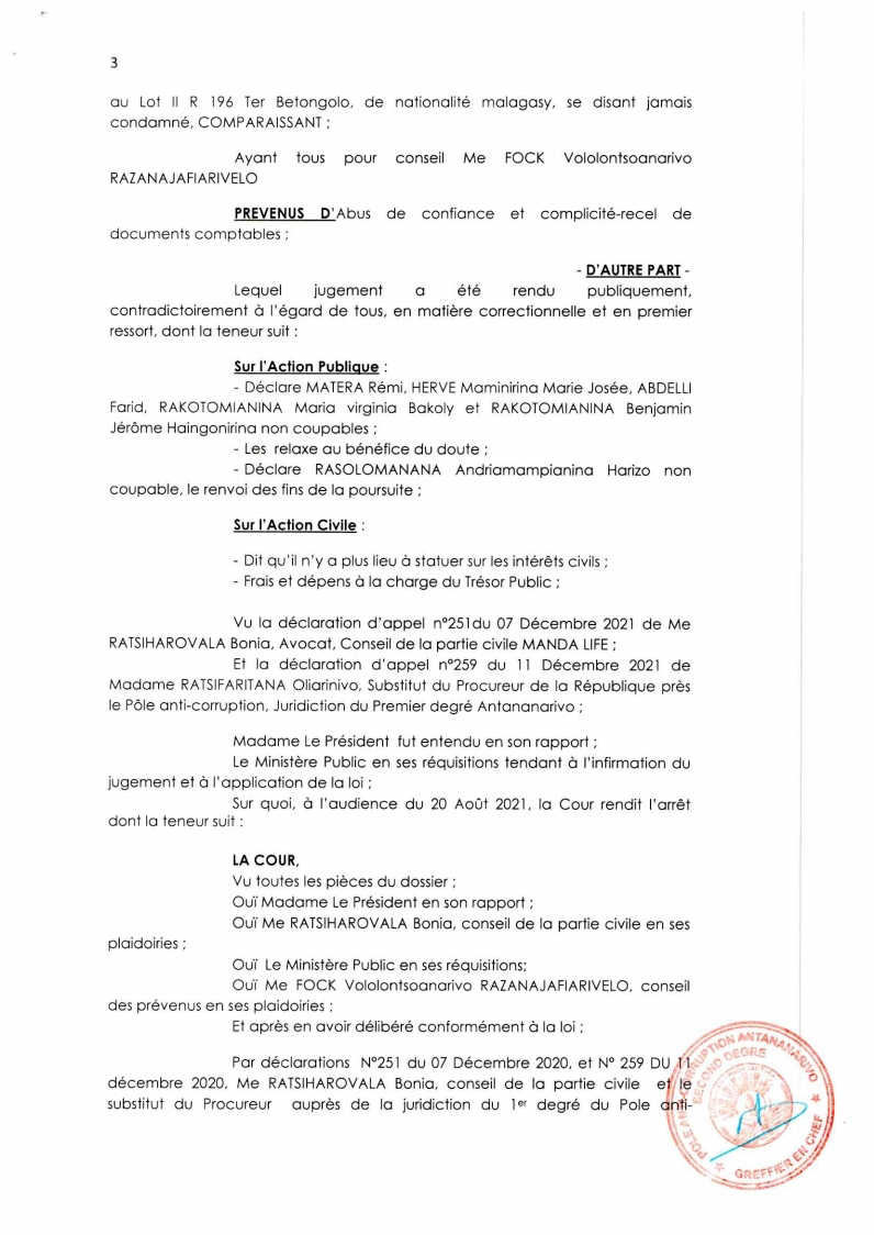 ARRET N°65 DU 20 AOUT 2021