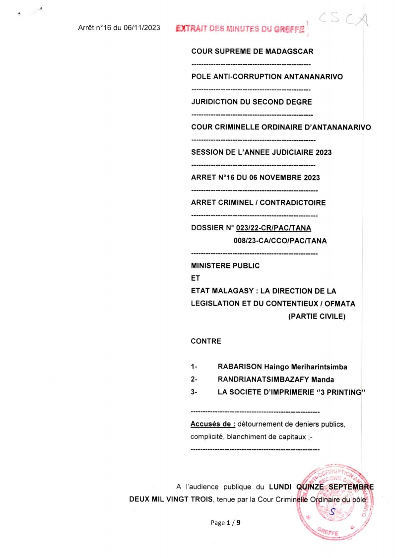 CSCA ARRET N° 16 DU 06 NOVEMBRE 2023