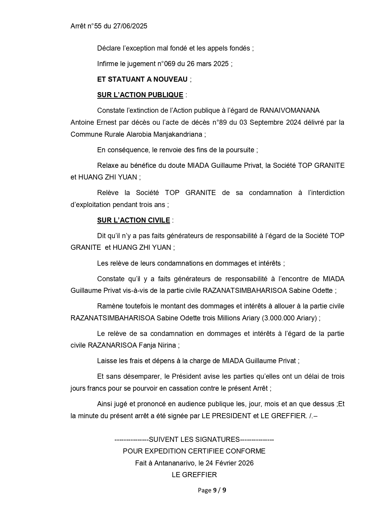 ARRET N°55 DU 27 JUIN 2025