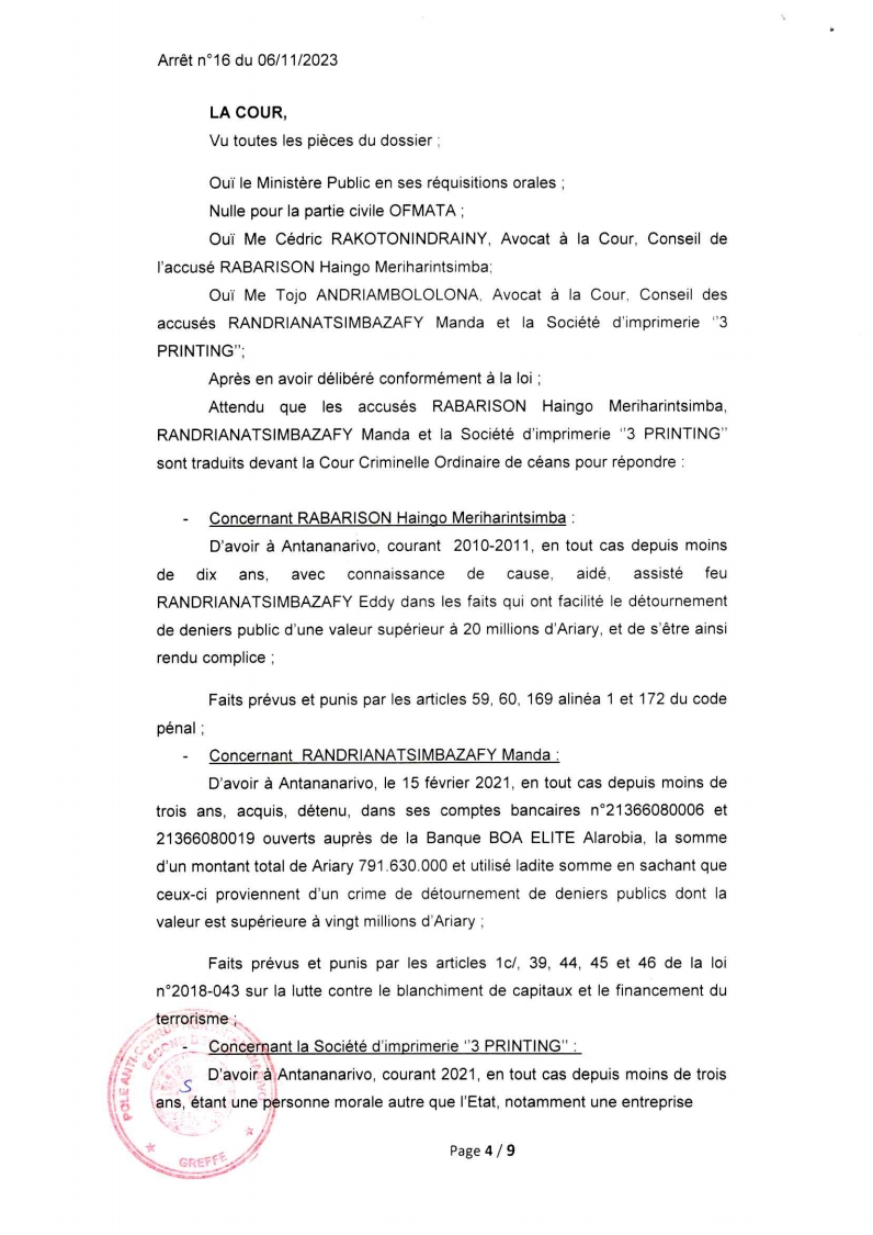 CSCA ARRET N° 16 DU 06 NOVEMBRE 2023