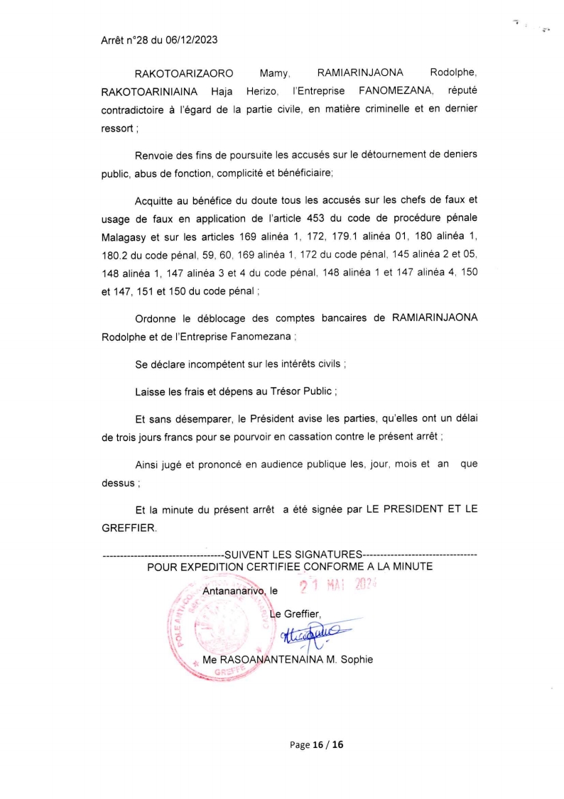 ARRET N°28 DU 06 DECEMBRE 2023