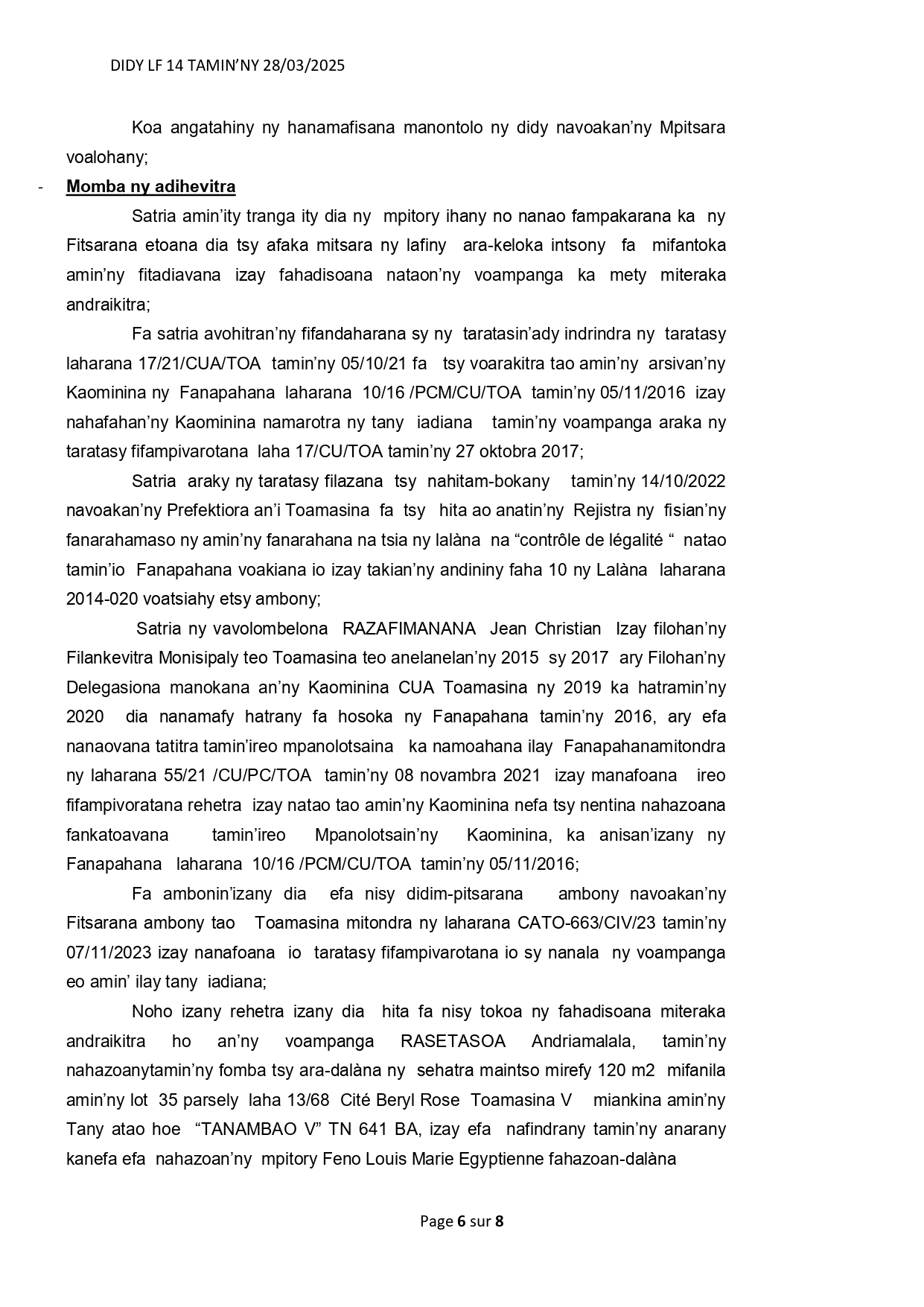 ARRET N° 14  DU 28 MARS 2025