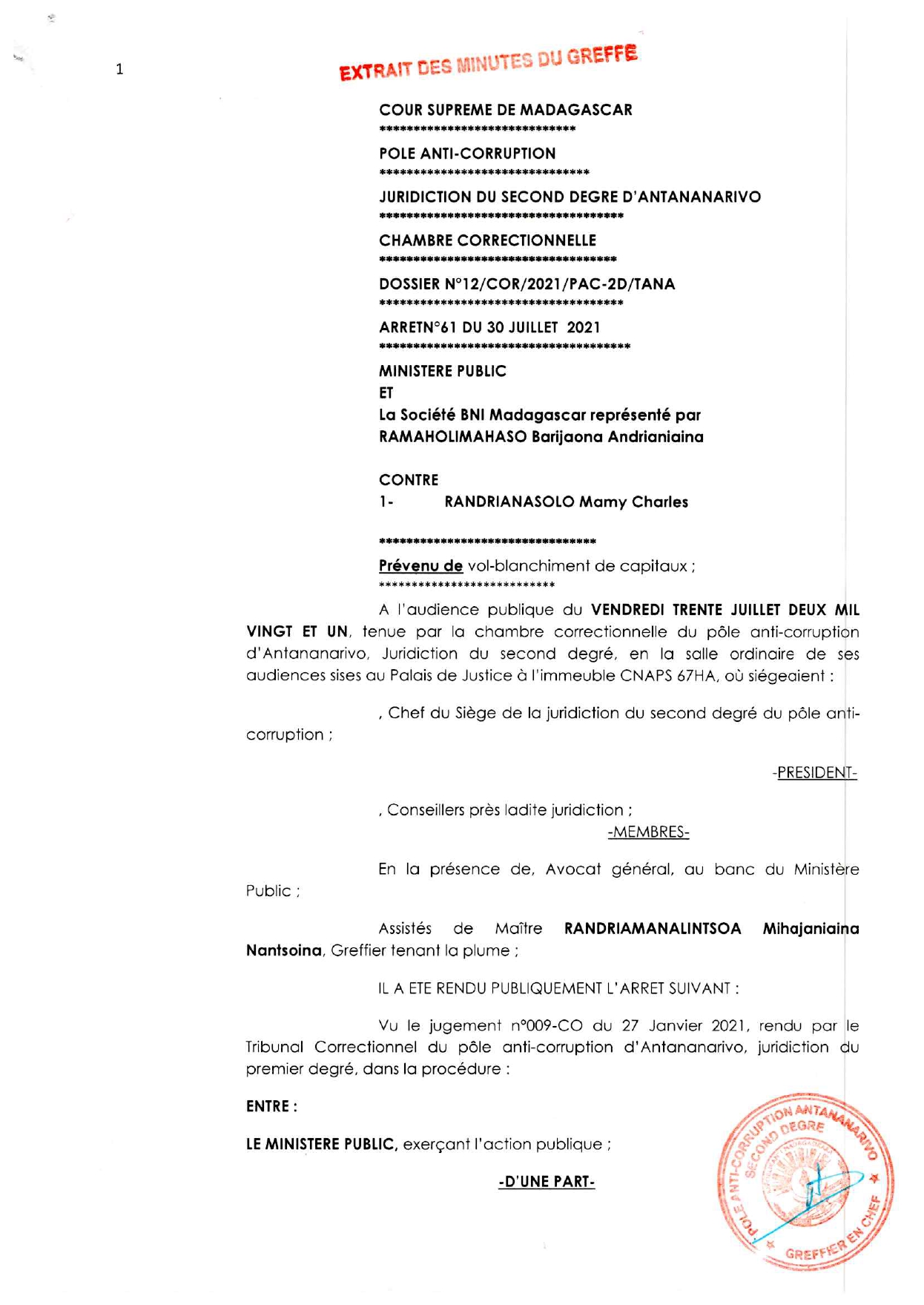 ARRETN°61 DU 30 JUILLET 2021