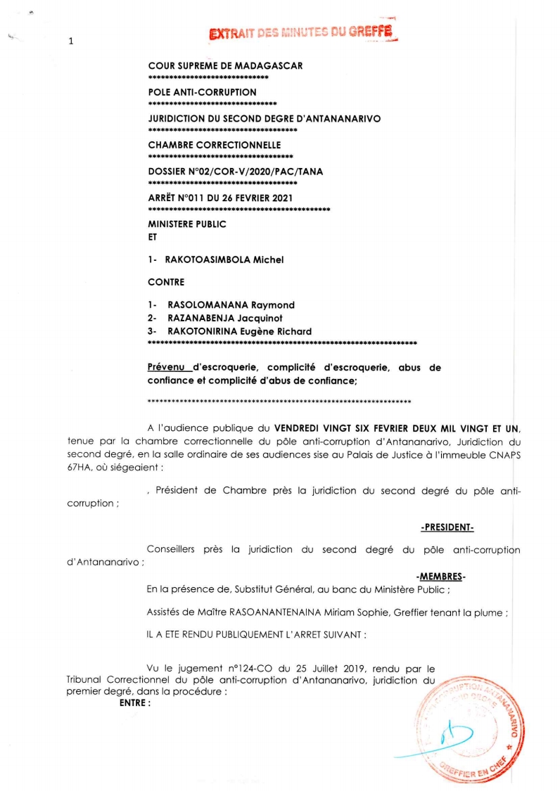 ARRET N°11 DU 26 FEVRIER 2021