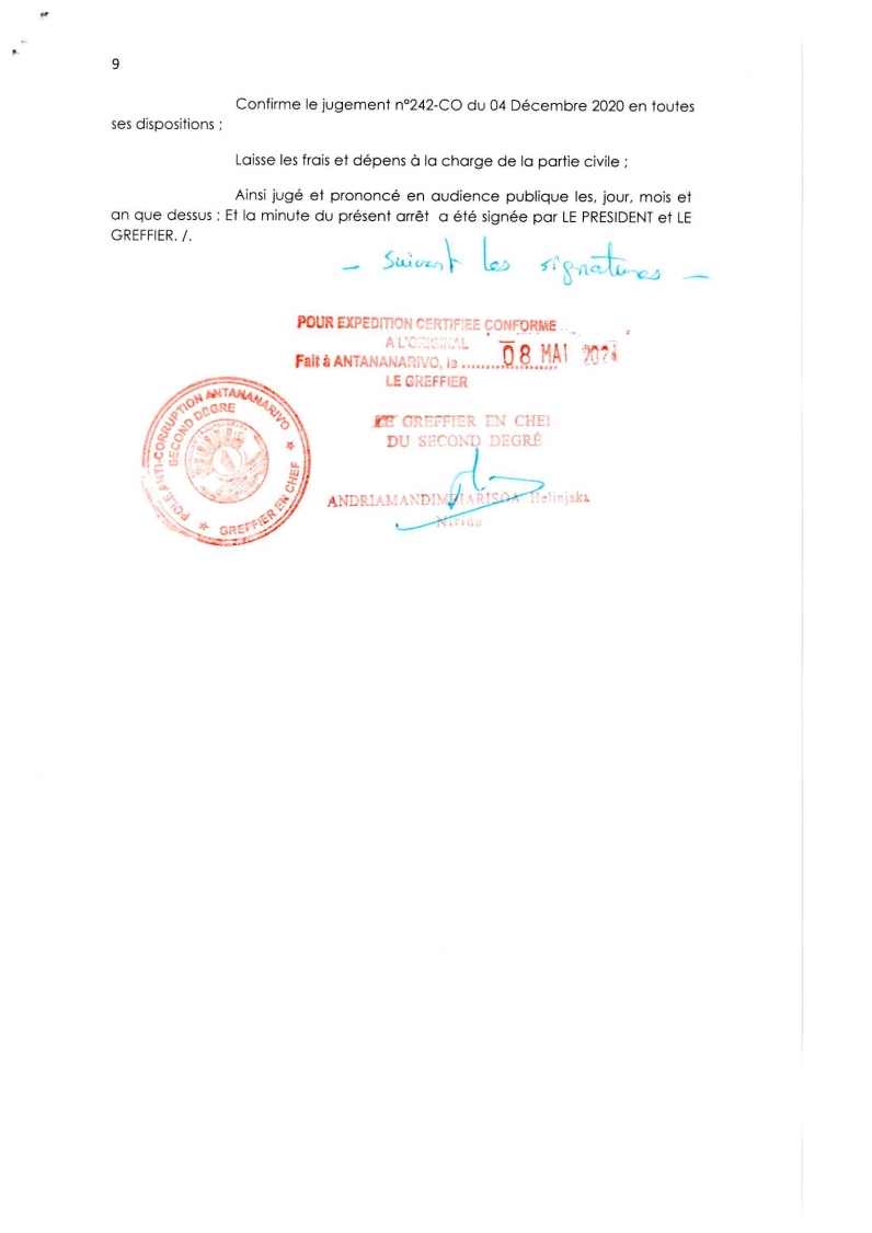 ARRET N°65 DU 20 AOUT 2021