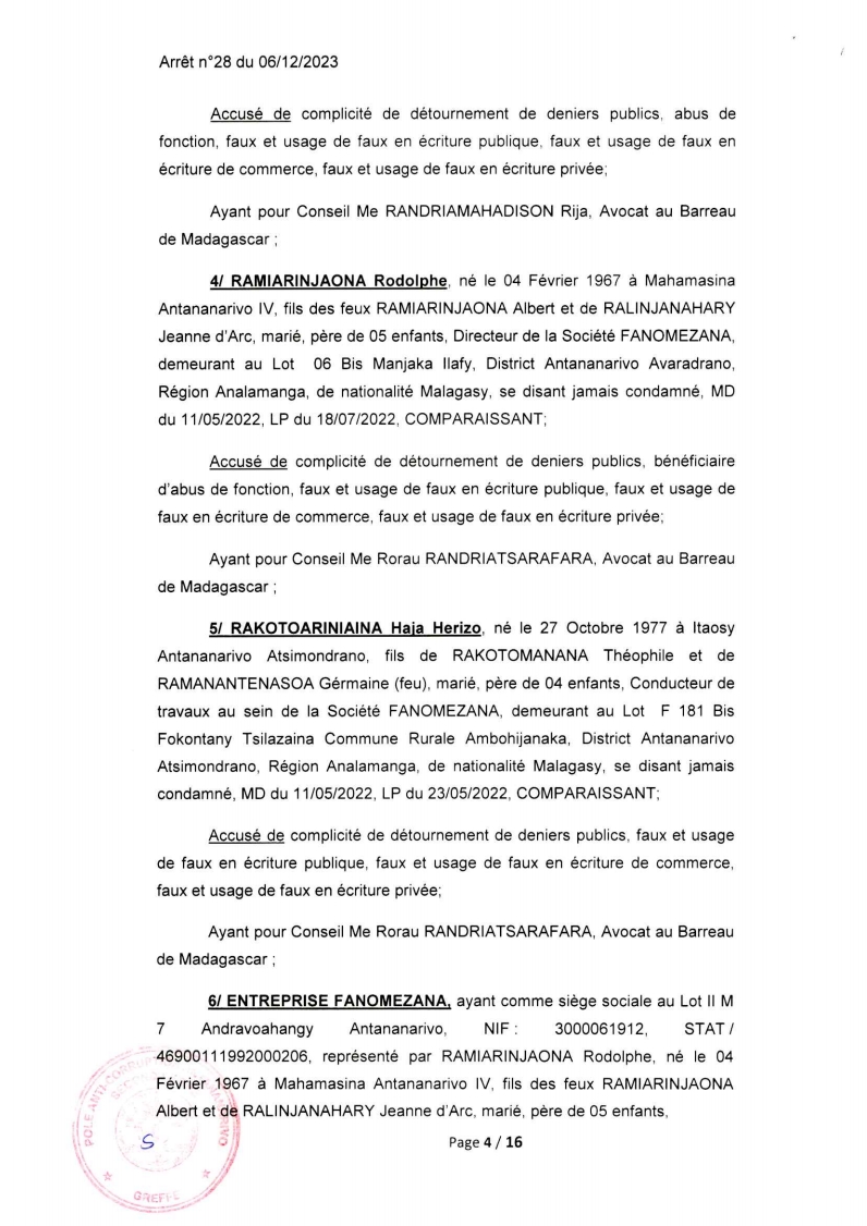 ARRET N°28 DU 06 DECEMBRE 2023