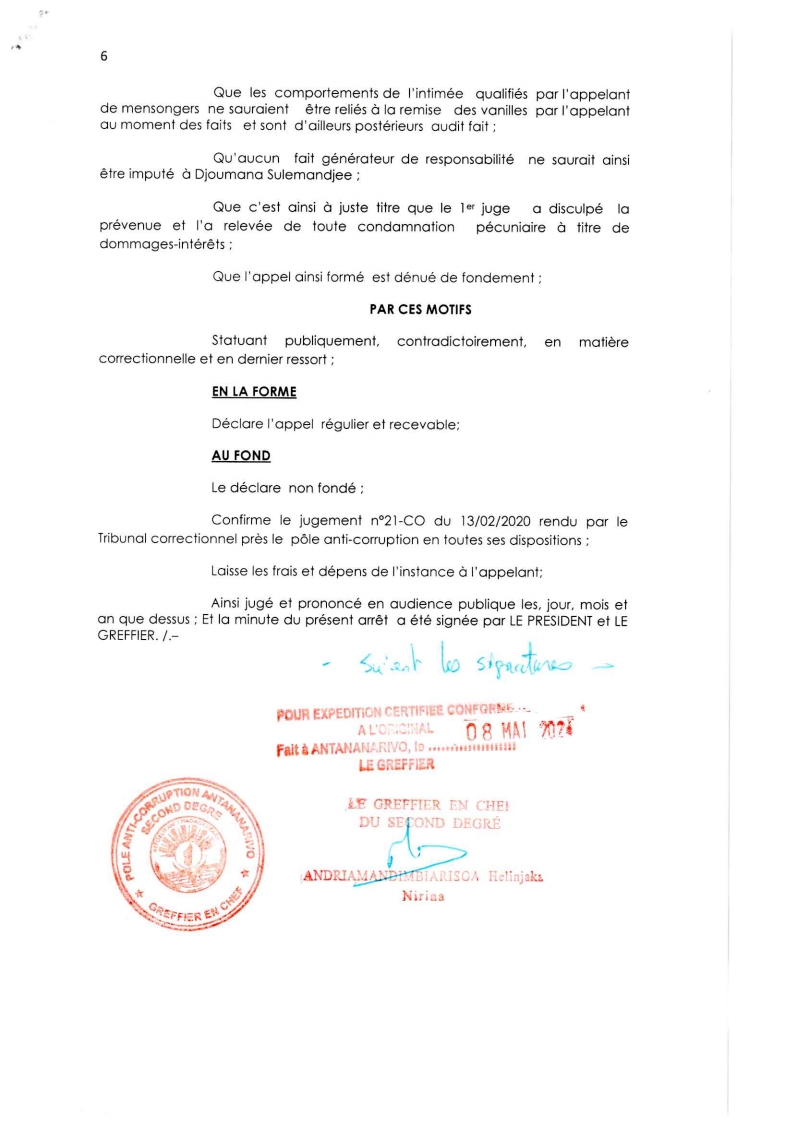 ARRET N°22 DU 26 MARS 2021