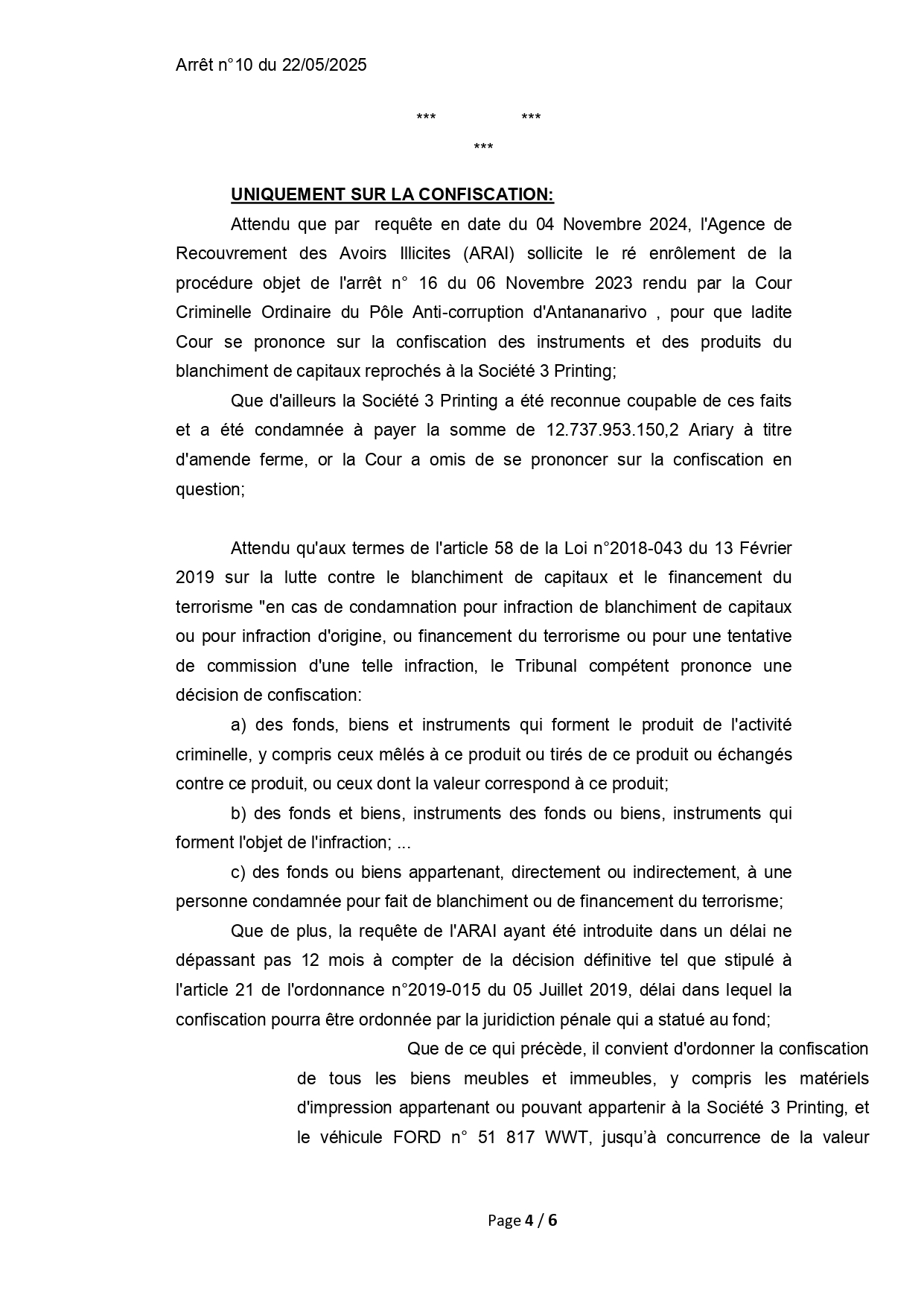 ARRET N° 10 DU 22 MAI 2025