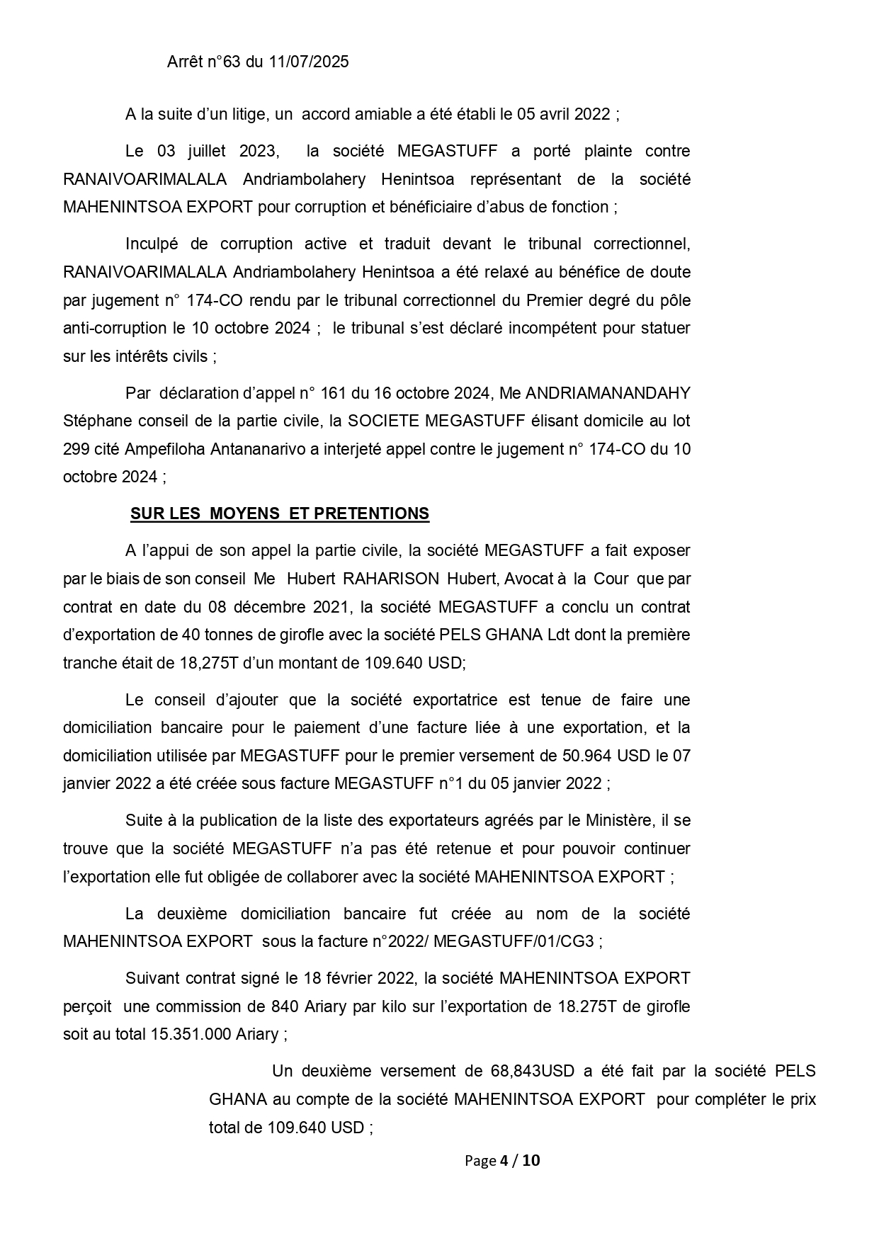 ARRET N°63 DU 11 JUILLET 2025