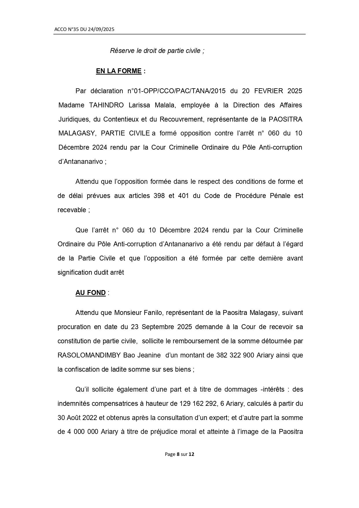 ARRET N° 35 DU 24 SEPTEMBRE 2025