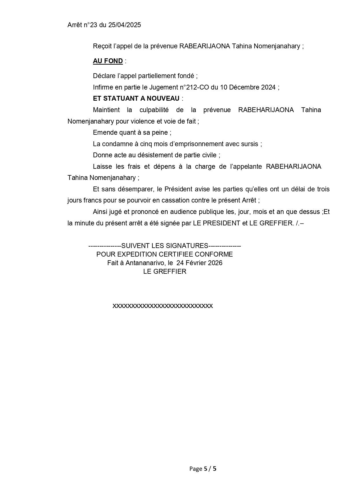 ARRET N°23 DU 25  AVRIL  2025