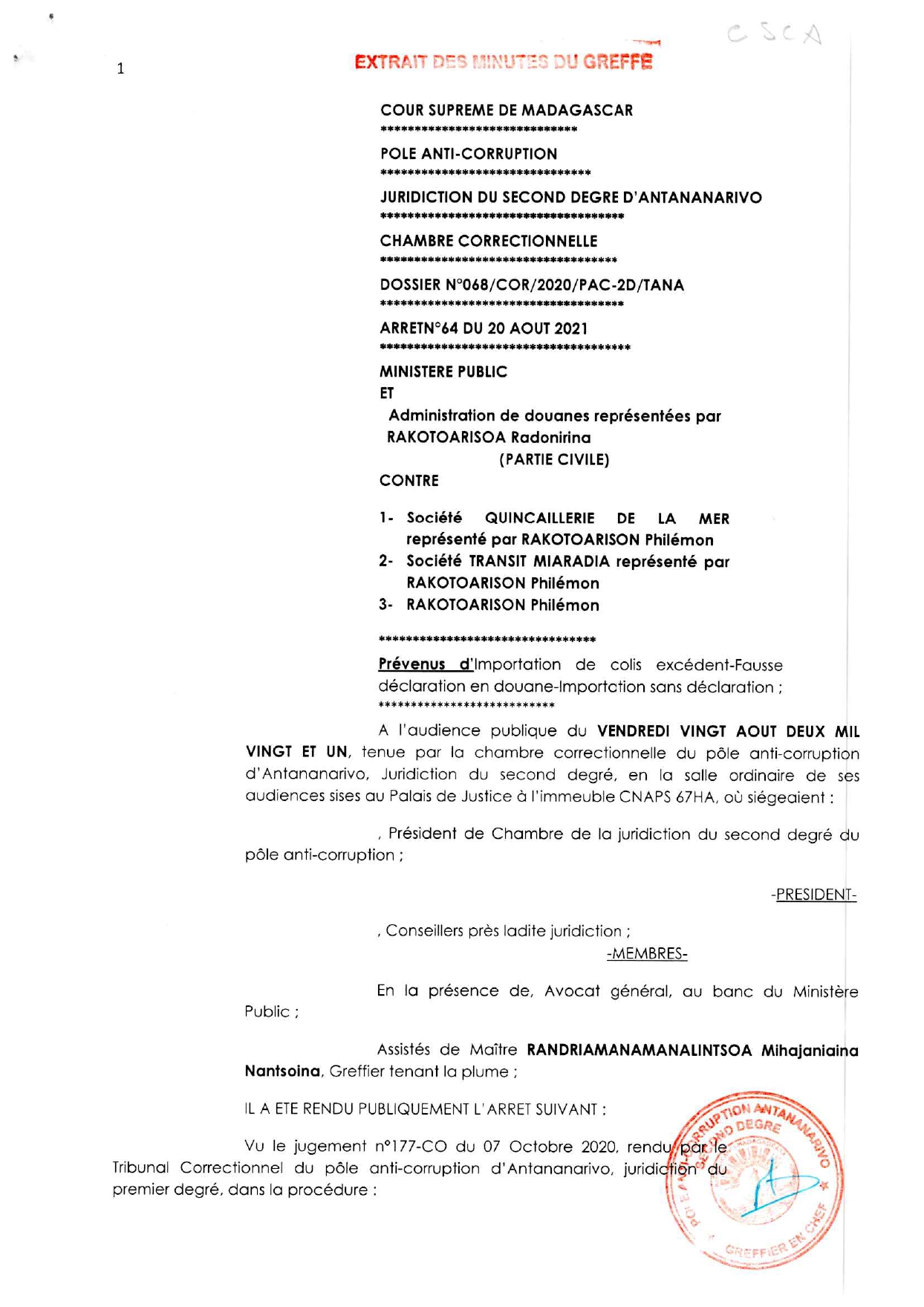 CSCA ARRET N°64 DU 20 AOUT 2021