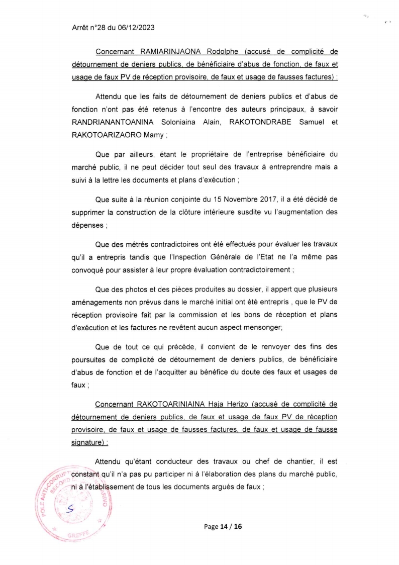 ARRET N°28 DU 06 DECEMBRE 2023