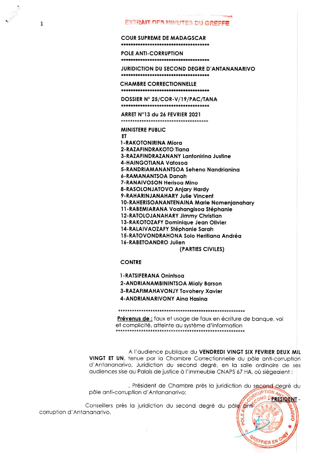 ARRET N°25 COR-V PAC TANA du 26 Fevrier 2021