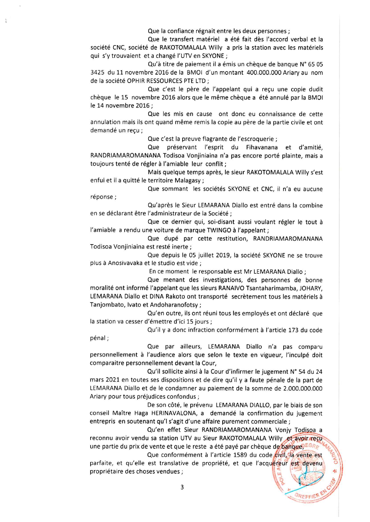 ARRET N°99 DU 03 DECEMBRE 2021