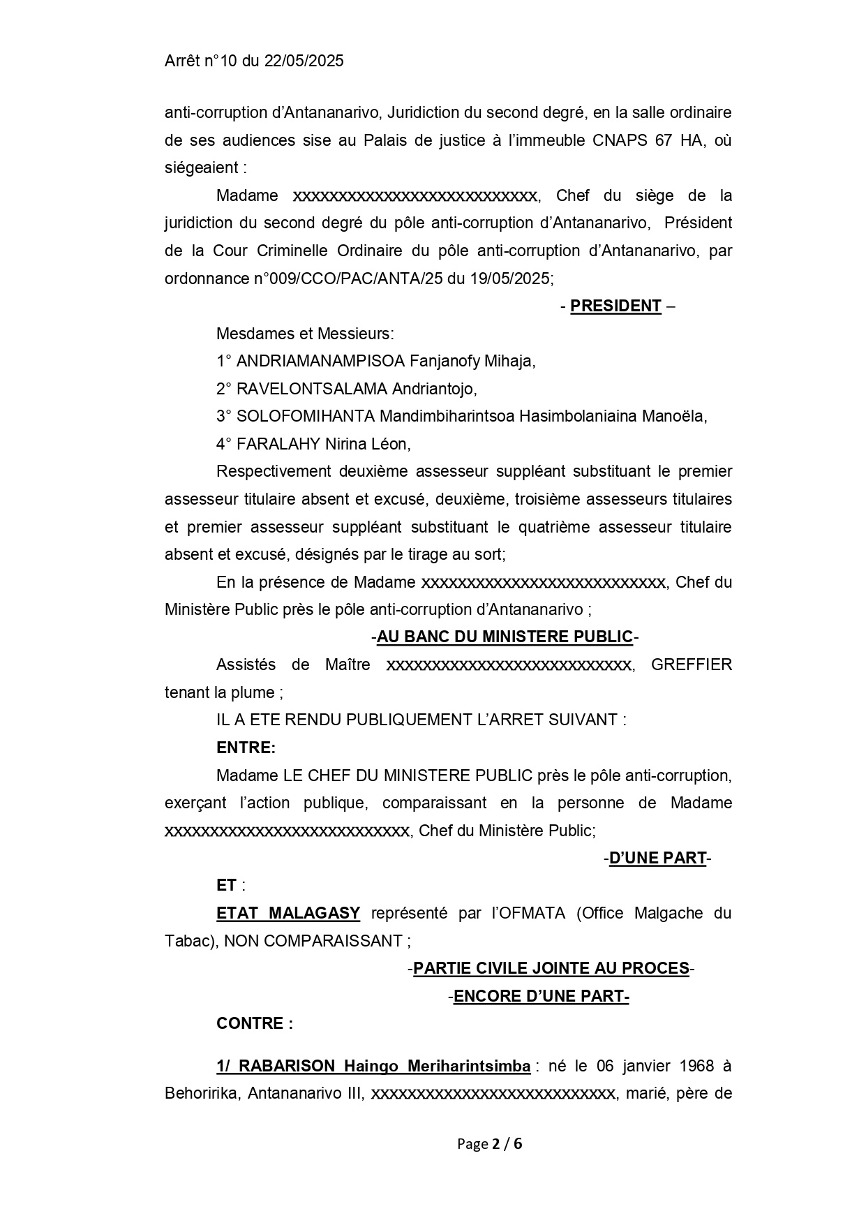 ARRET N° 10 DU 22 MAI 2025
