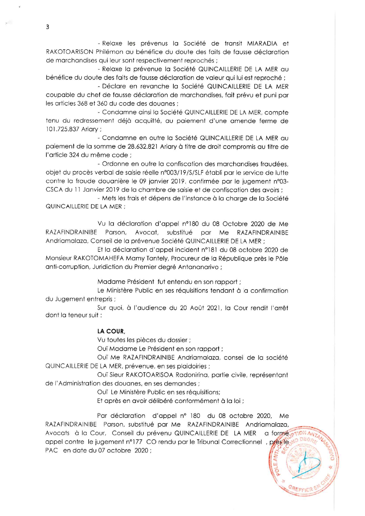 CSCA ARRET N°64 DU 20 AOUT 2021