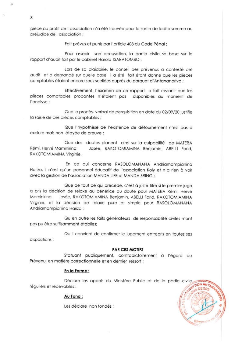 ARRET N°65 DU 20 AOUT 2021