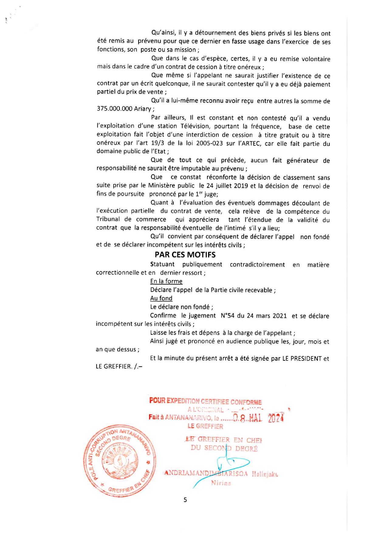 ARRET N°99 DU 03 DECEMBRE 2021