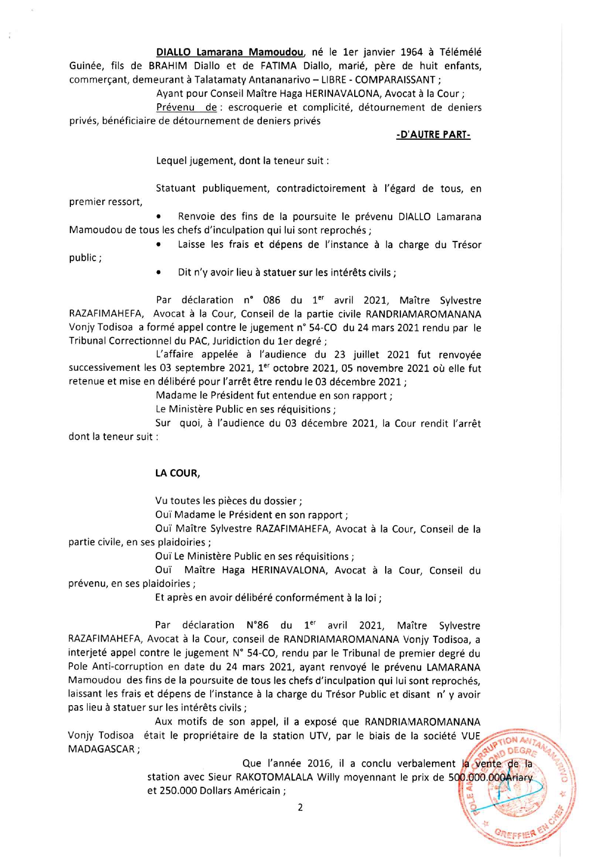 ARRET N°99 DU 03 DECEMBRE 2021