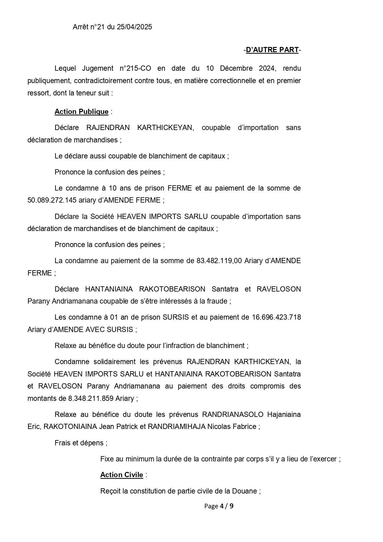 ARRET N°21 DU 25 AVRIL 2025