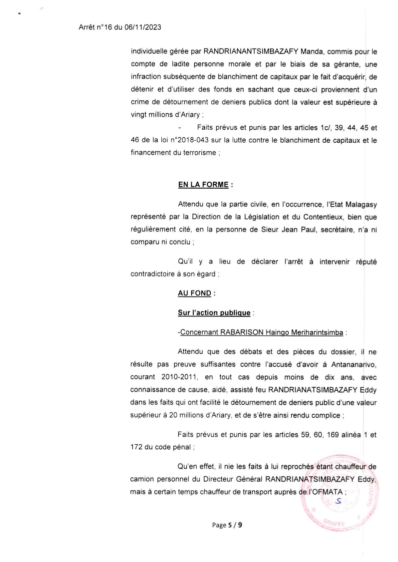CSCA ARRET N° 16 DU 06 NOVEMBRE 2023