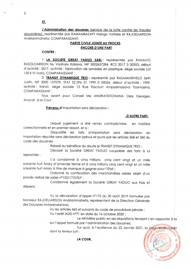 ARRET N°06 DU22 JANVIER 2021