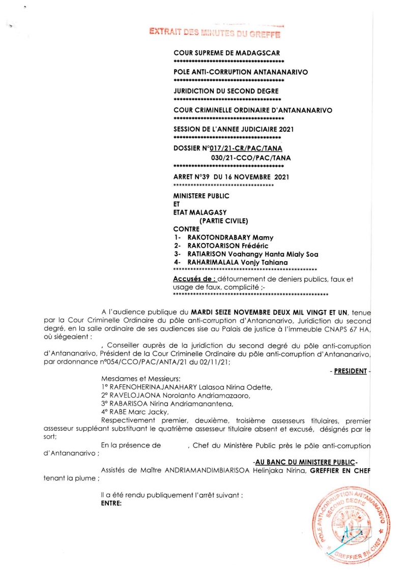 ARRET N°39 DU 16 NOVEMBRE 2021