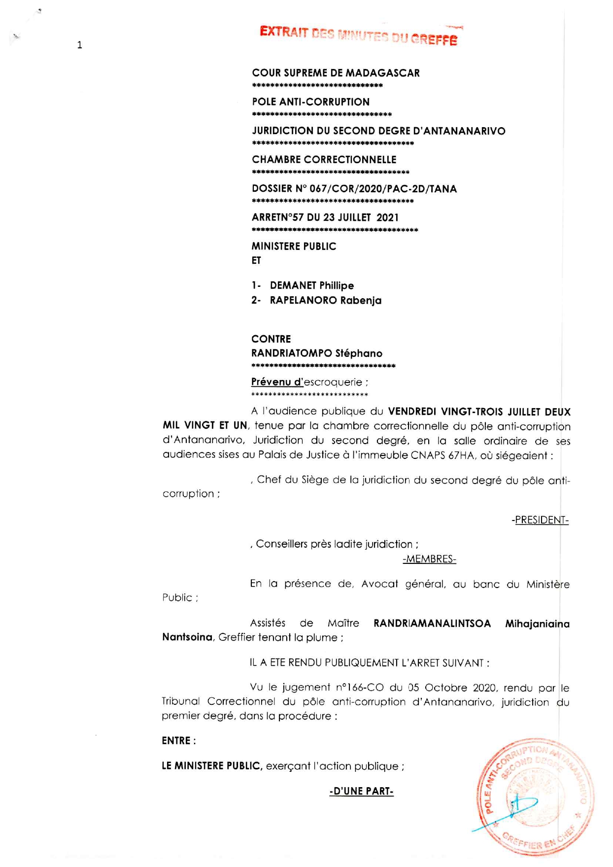 ARRET N°57 DU 23 JUILLET 2021