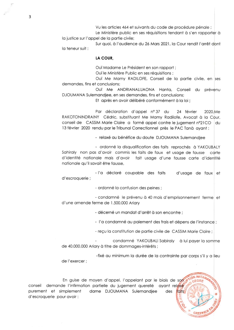 ARRET N°22 DU 26 MARS 2021