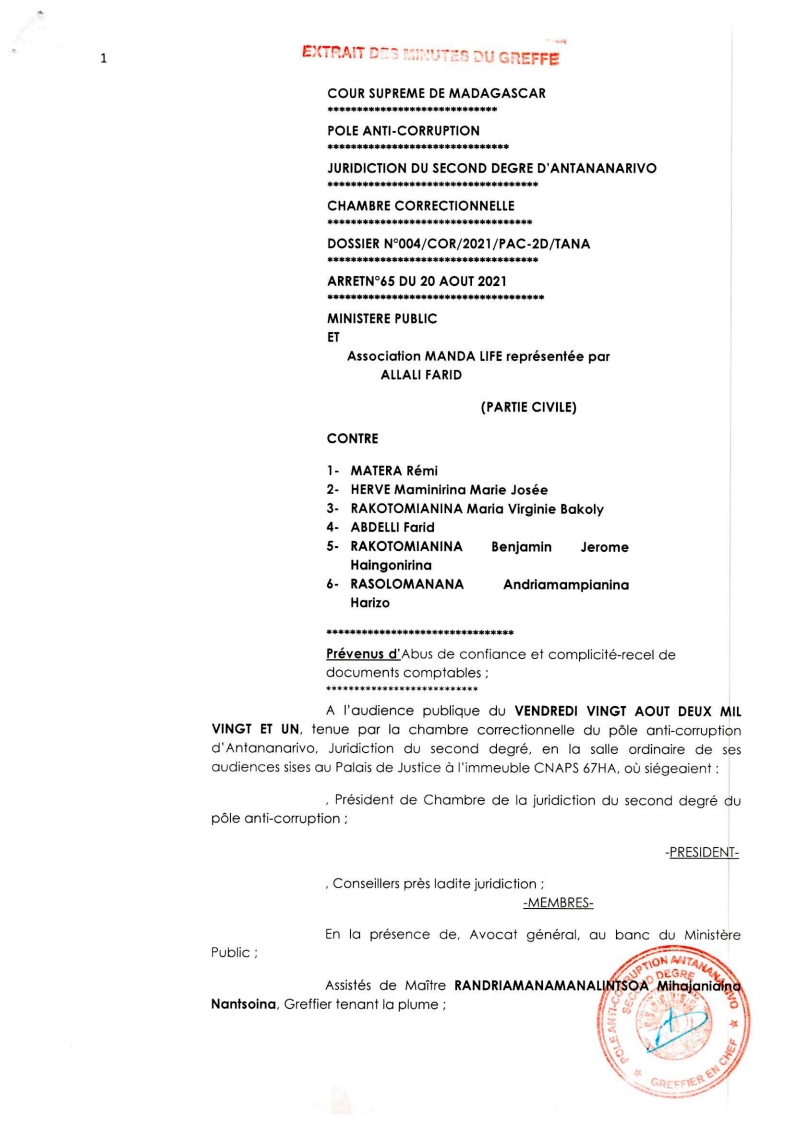 ARRET N°65 DU 20 AOUT 2021