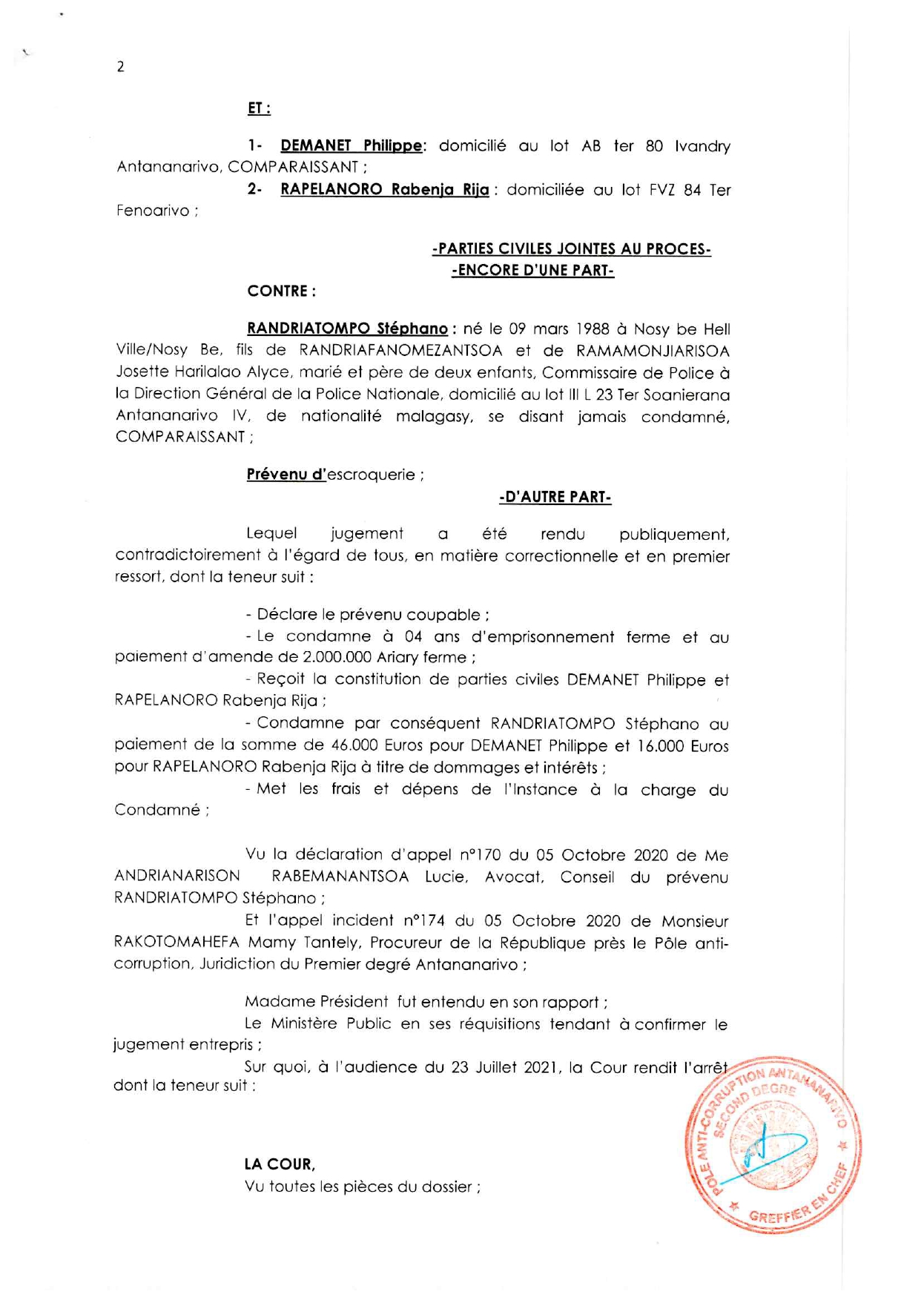 ARRET N°57 DU 23 JUILLET 2021