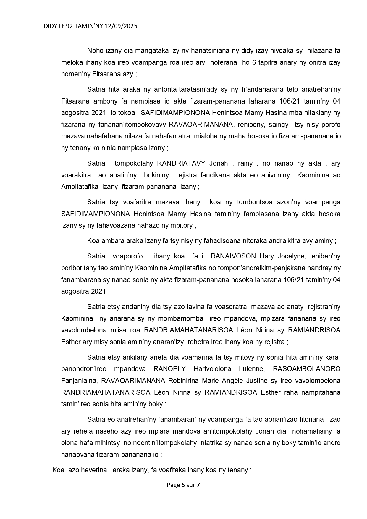 ARRET N°92 DU 12 SEPTEMBRE 2025