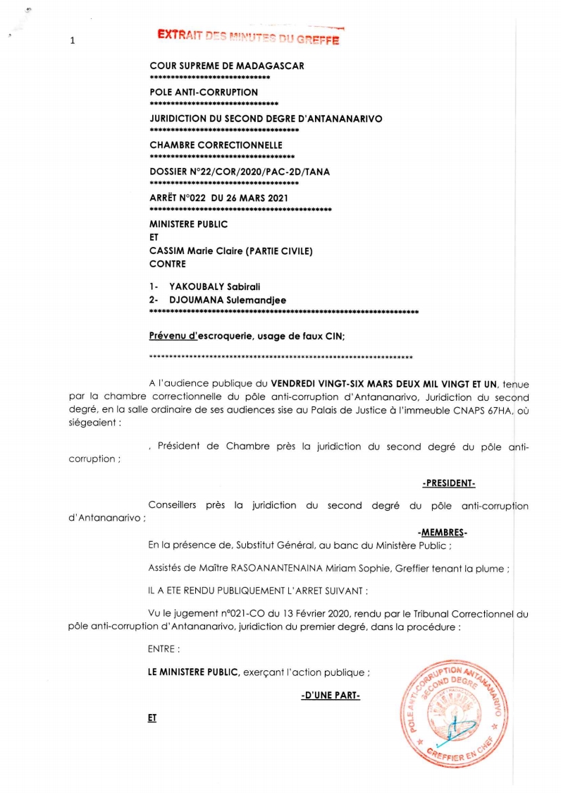 ARRET N°22 DU 26 MARS 2021
