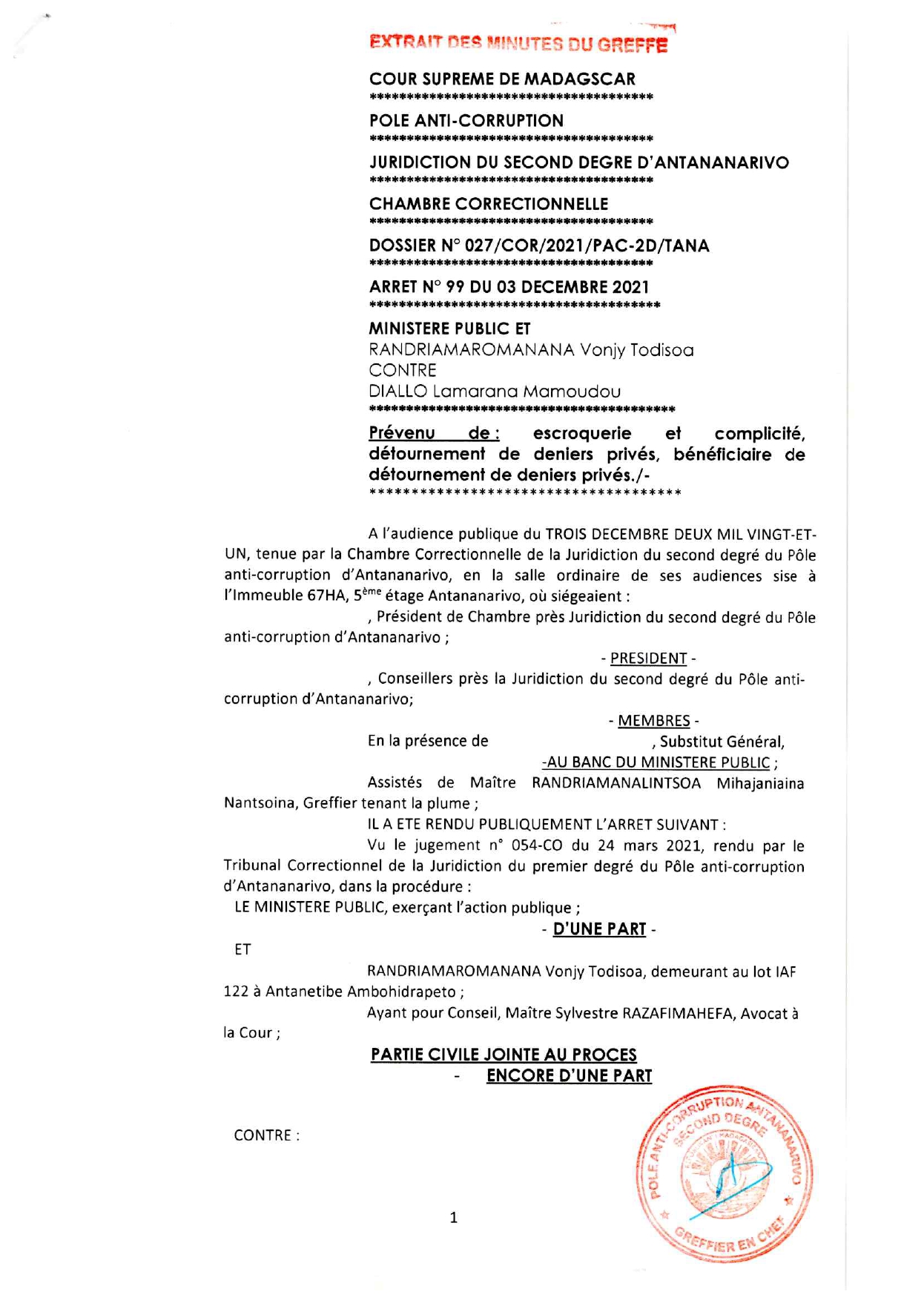 ARRET N°99 DU 03 DECEMBRE 2021