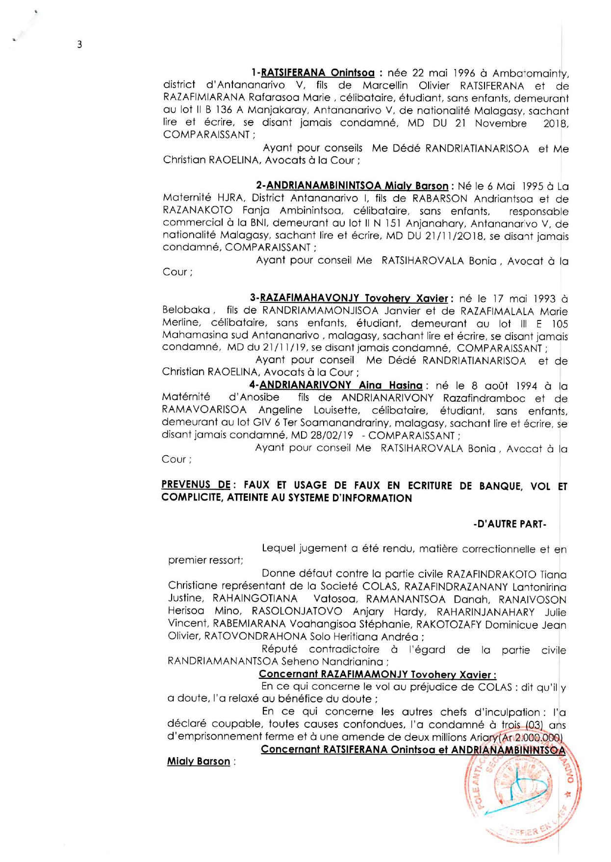 ARRET N°25 COR-V PAC TANA du 26 Fevrier 2021