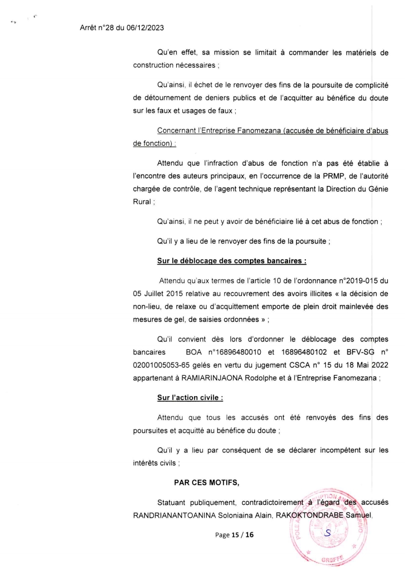ARRET N°28 DU 06 DECEMBRE 2023