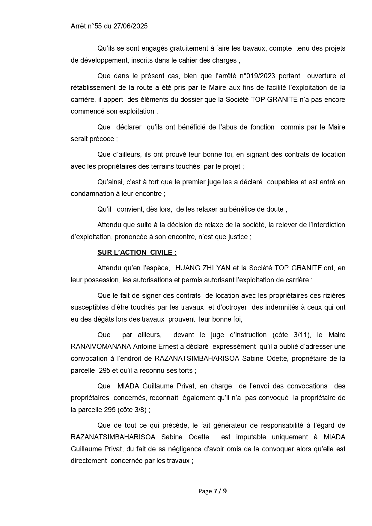 ARRET N°55 DU 27 JUIN 2025